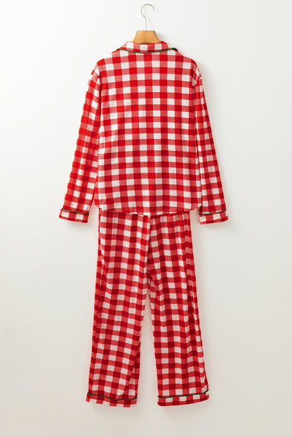 Plaid Collared Neck Long Sleeve Top and Pants Set Christmas