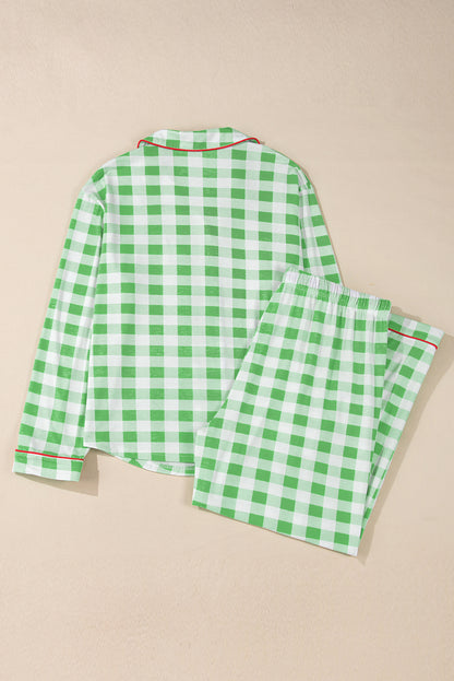 Plaid Collared Neck Long Sleeve Top and Pants Set Christmas