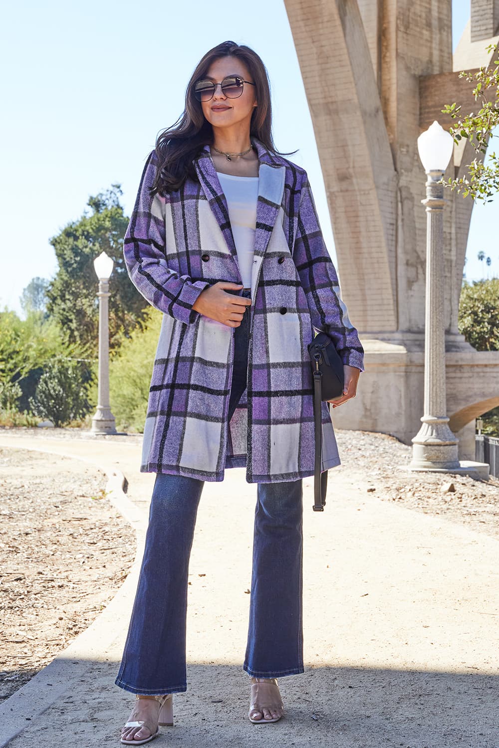 Double Take Full Size Plaid Button Up Lapel Collar Coat - FabFemina