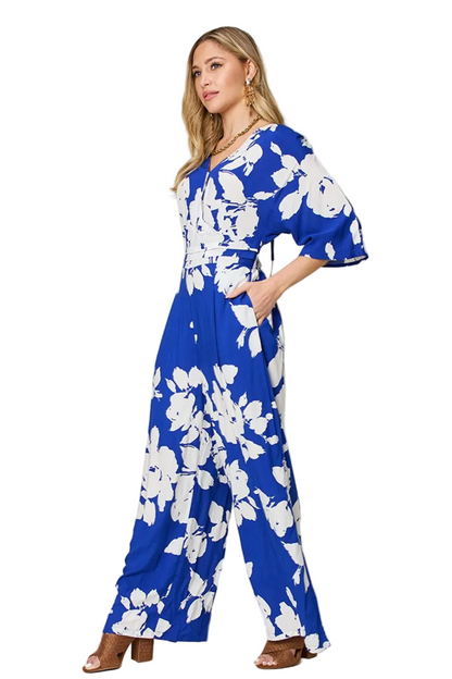 Double Take Full Size Printed Tie Back Wide Leg Jumpsuit