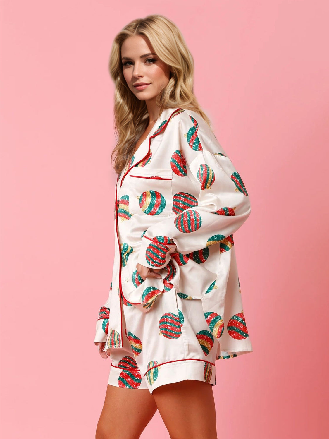 Printed Collared Neck Long Sleeve Top and Shorts Set Christmas