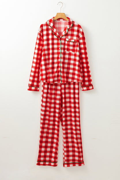 Plaid Collared Neck Long Sleeve Top and Pants Set Christmas