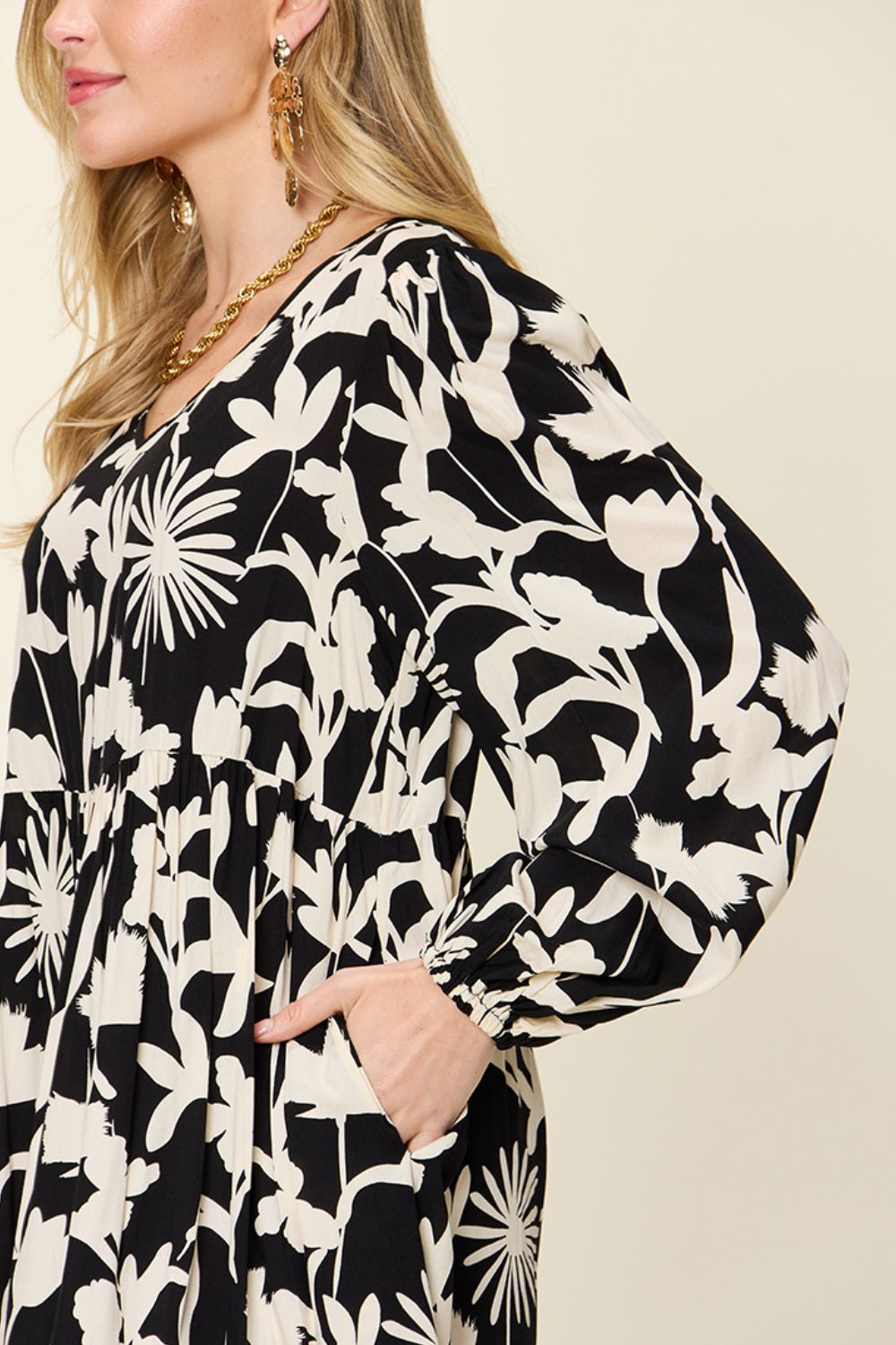 Double Take Full Size Printed Ruffle Hem Dress with Pocket - FabFemina
