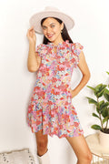 Double Take Floral Tie Neck Cap Sleeve Dress - FabFemina