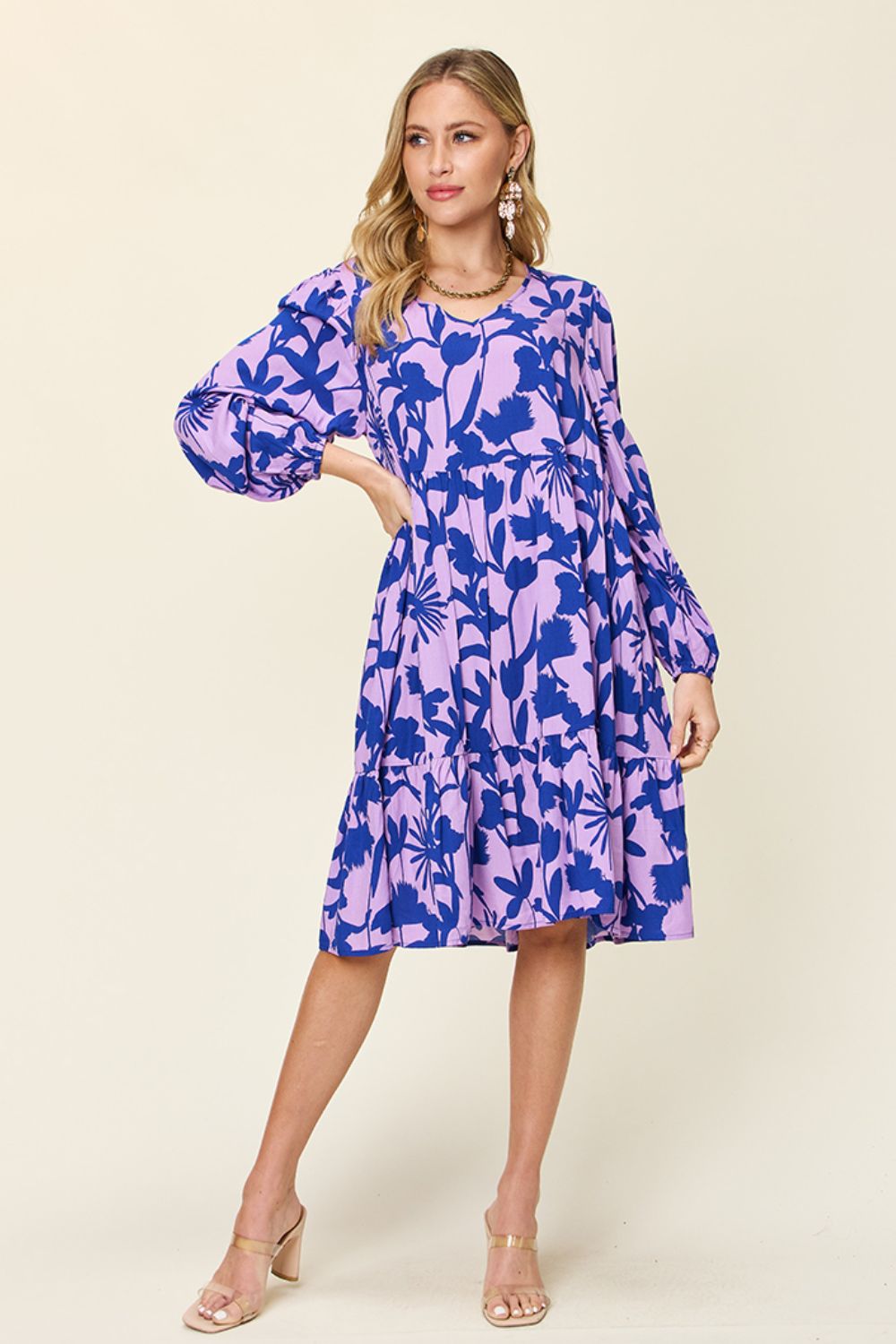 Double Take Full Size Printed Ruffle Hem Dress with Pocket - FabFemina