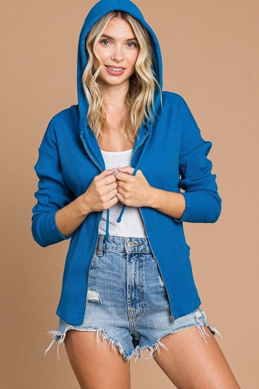 Culture Code Full Size Ribbed Zip Up Drawstring Hooded Jacket - FabFemina