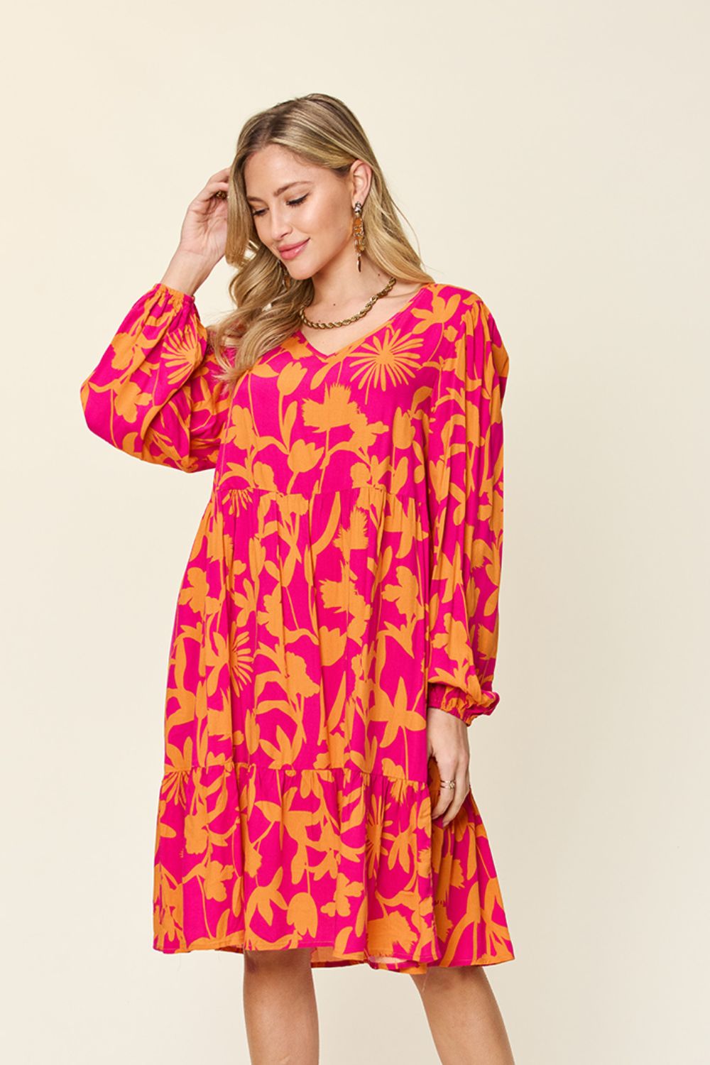 Double Take Full Size Printed Ruffle Hem Dress with Pocket - FabFemina