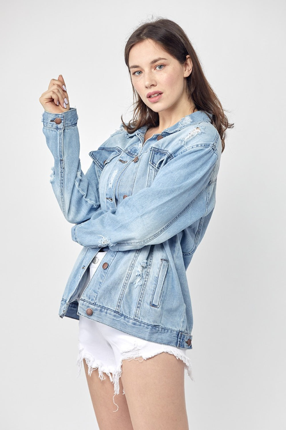 RISEN Full Size Distressed Long Sleeve Denim Jacket - FabFemina