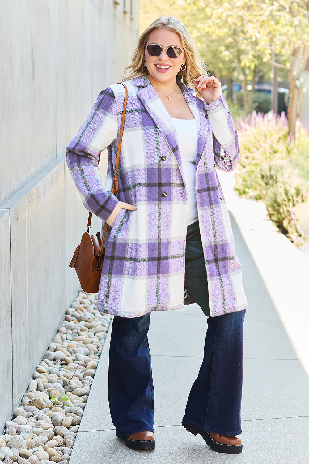 Double Take Full Size Plaid Button Up Lapel Collar Coat - FabFemina