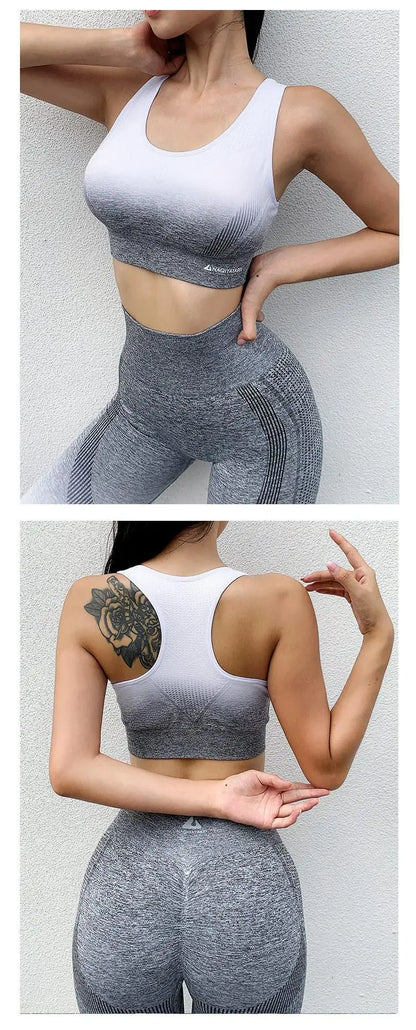 Set Women Yoga Set Gym Clothing Seamless Gradient Leggings Sport Bra Crop Top Workout Sport Suit Women Fitness Set Active Wear - FabFemina