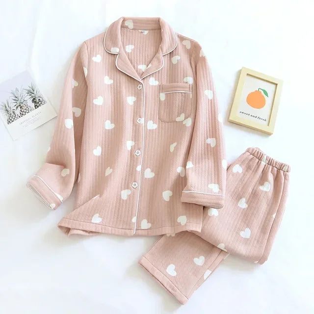 Warm Japanese style long-sleeved pure cotton pajamas set - FabFemina