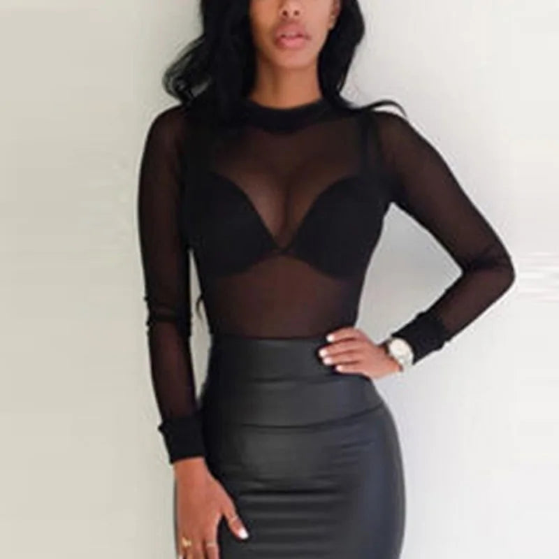 Sheer Mesh Sleeve Elegance Tops - FabFemina