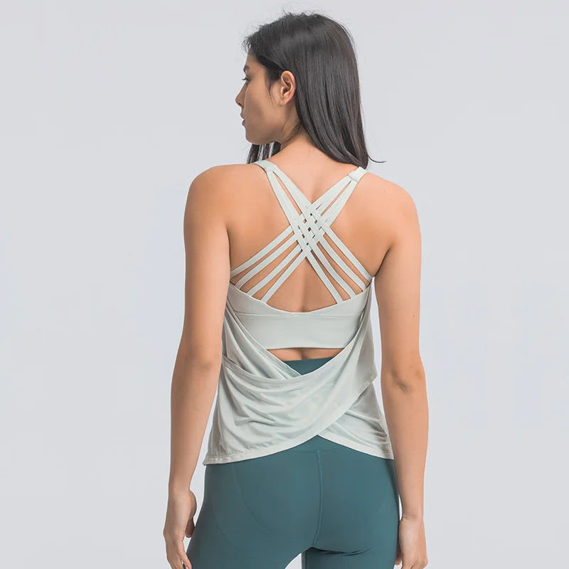 2 in 1 FLY Crisscross Yoga Gym Tank Tops With Inside Bra Women Loose Fit Soft Workout Fitness Vest Sport Sleeveless Shirts - FabFemina