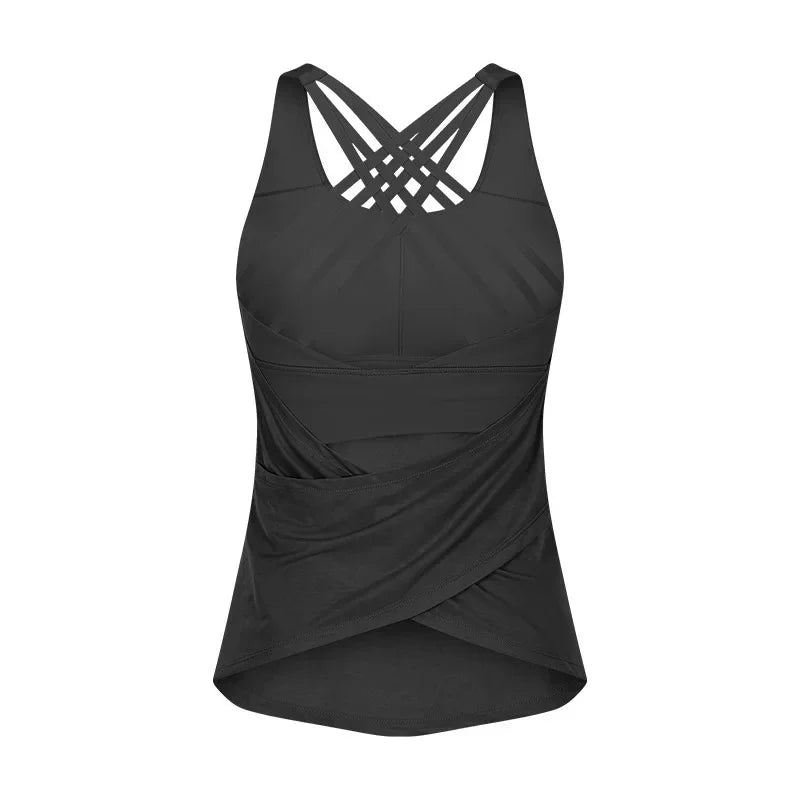 2 in 1 FLY Crisscross Yoga Gym Tank Tops With Inside Bra Women Loose Fit Soft Workout Fitness Vest Sport Sleeveless Shirts - FabFemina