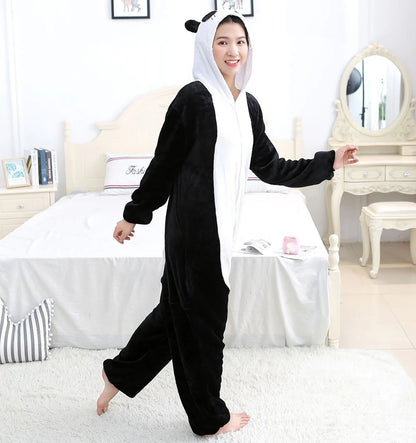 Winter Adults Animal Panda Onesies Women Men Unisex Anime Pajamas Cartoon Costumes Christmas Hooded Jumpsuits Flannel Pyjamas - FabFemina