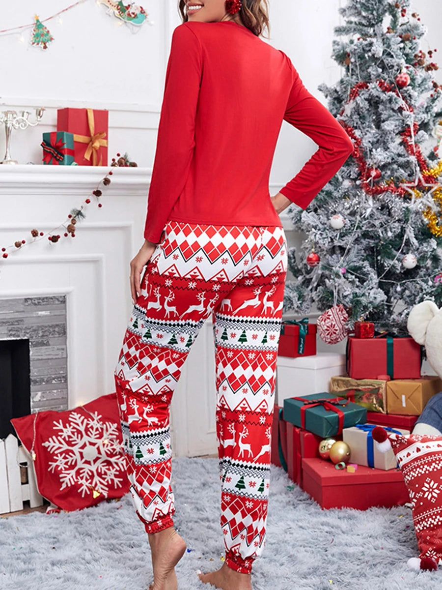 Women s Christmas Pajama Set Festive Long Sleeve T-shirt with Santa Claus Print Pants Cozy Sleepwear Loungewear - FabFemina