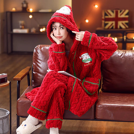 Ladies Fall Winter Coralfleece Pajamas Christmas Fashion Red Hoodies Nightwear Suit 2 Piece Sets Y2K Warm Sleepwear Loungewear - FabFemina