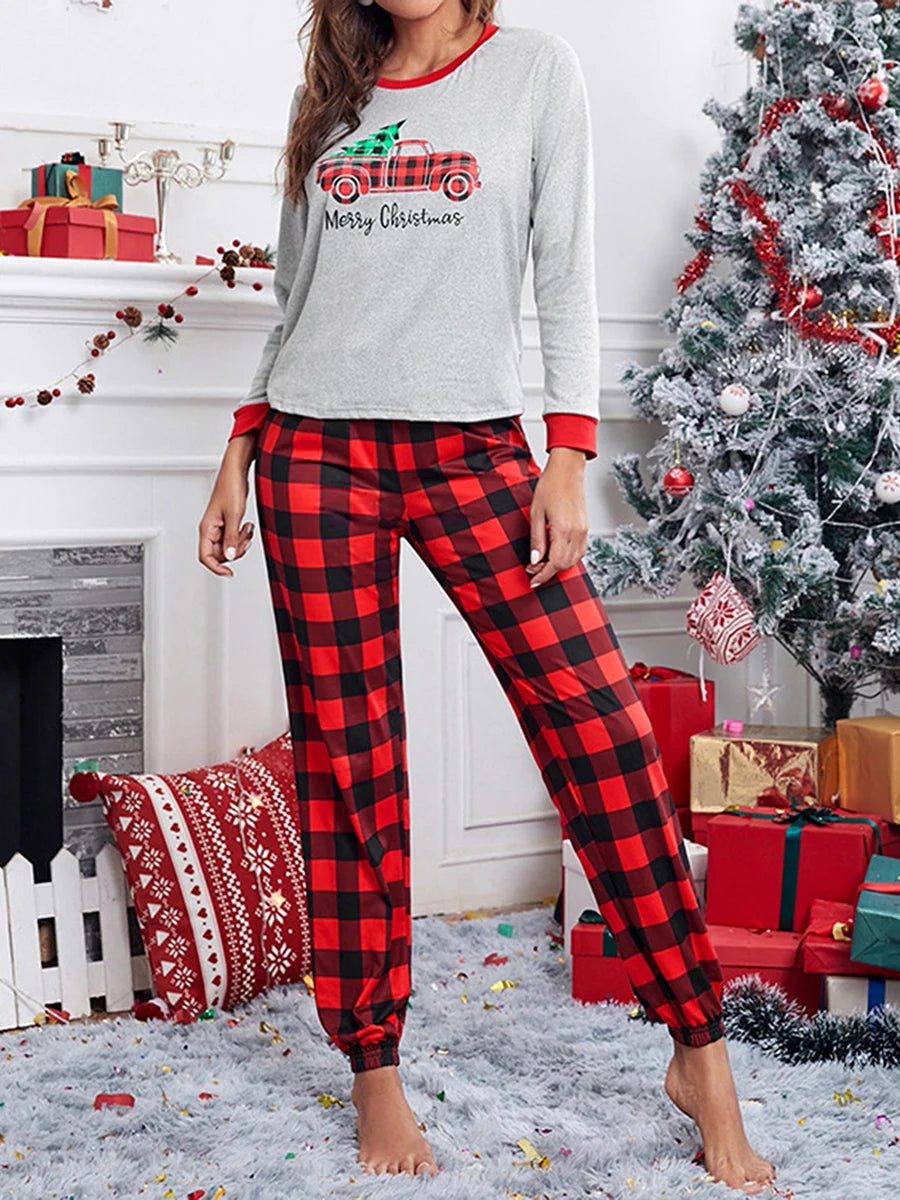 Women Christmas Pajamas Sets Car Plaid Print Long sleeve Tops Pants Female Home Clothes Sleepwear Homewear Loungewear Sets