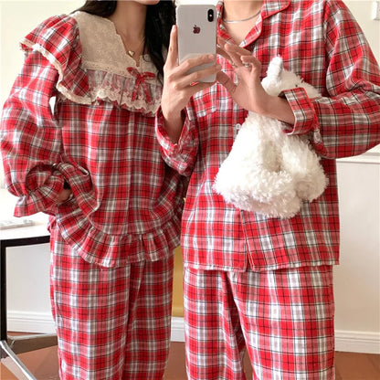 Loose Casual Couple Pajamas Sweet Lace Vintage Red Plaid  Thick  Nightwear Autumn Winter Princess Style Christmas Homewear D711 - FabFemina