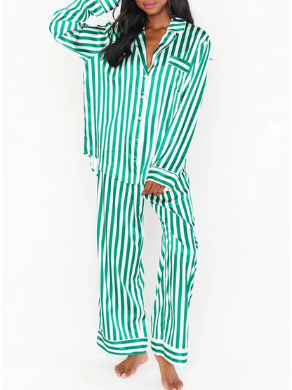 Women Red/Green Christmas Pajama Set Striped Long Sleeve Button Up Shirt with Long Pants Sleepwear Loungewear New Year 2024 - FabFemina