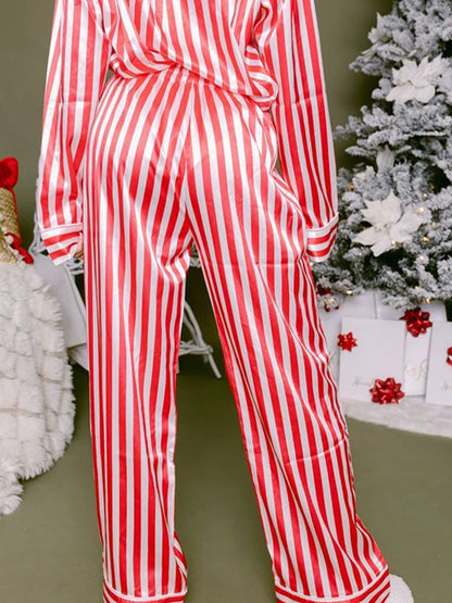 Women Red/Green Christmas Pajama Set Striped Long Sleeve Button Up Shirt with Long Pants Sleepwear Loungewear New Year 2024 - FabFemina