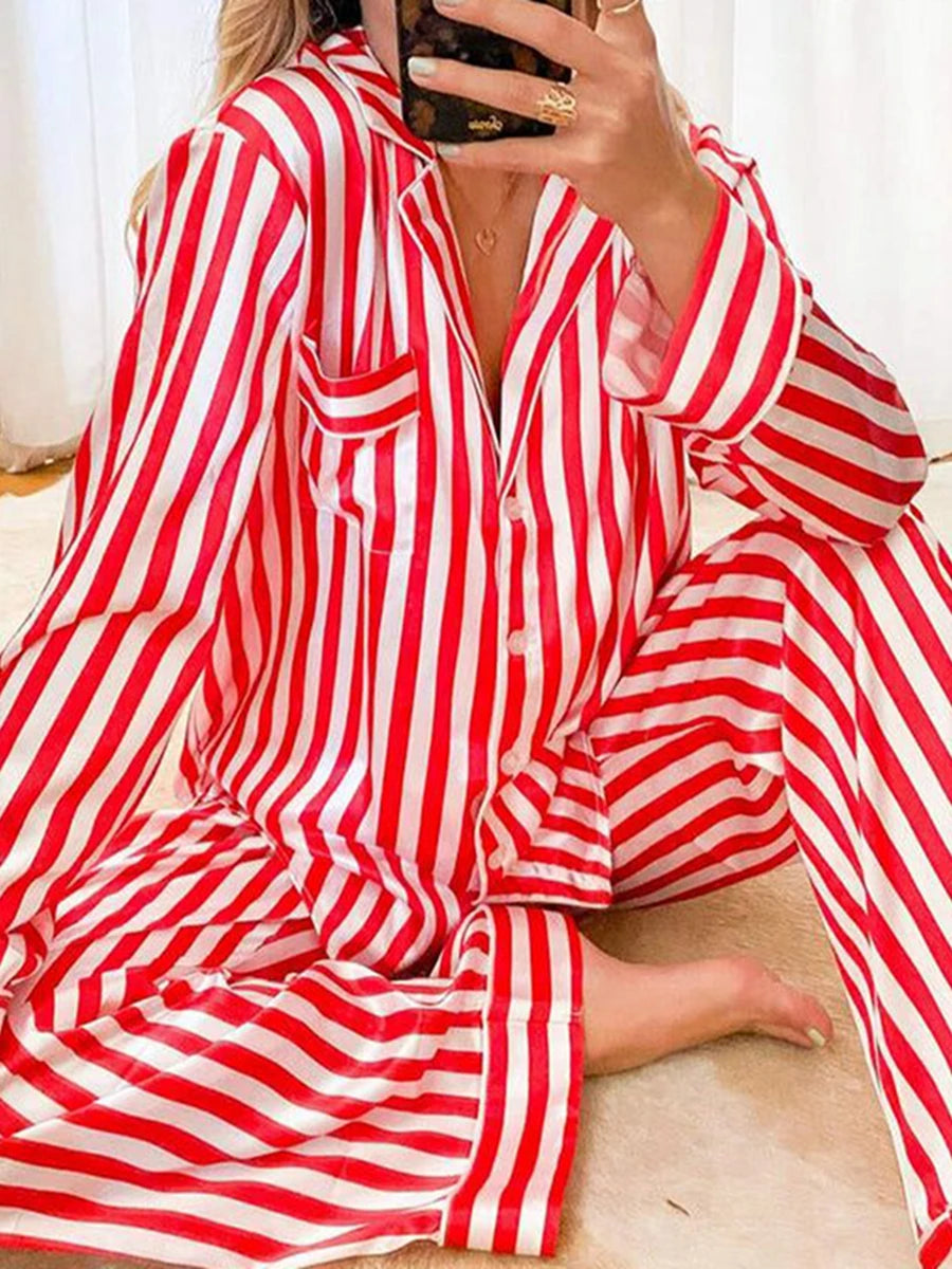 Women Red/Green Christmas Pajama Set Striped Long Sleeve Button Up Shirt with Long Pants Sleepwear Loungewear New Year 2024 - FabFemina