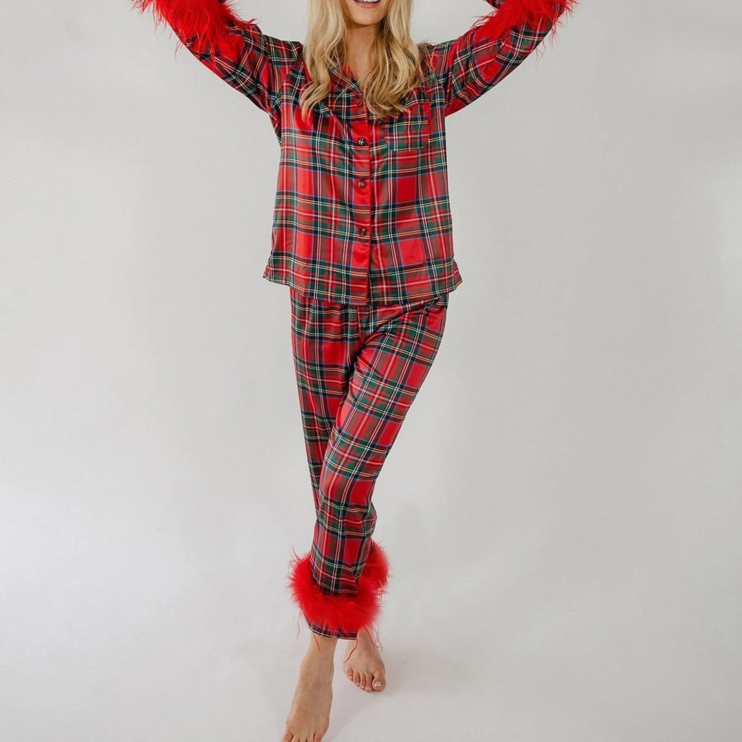 Women's Pajama Set 2 Piece Feather Plaid Underwear Long Sleeve Lapel Button Up Shirt Tops and Pants Christmas Sleepwear Sets - FabFemina