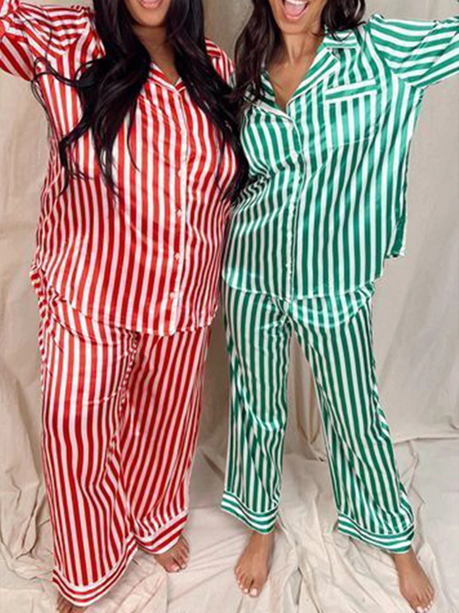 Women Red/Green Christmas Pajama Set Striped Long Sleeve Button Up Shirt with Long Pants Sleepwear Loungewear New Year 2024 - FabFemina