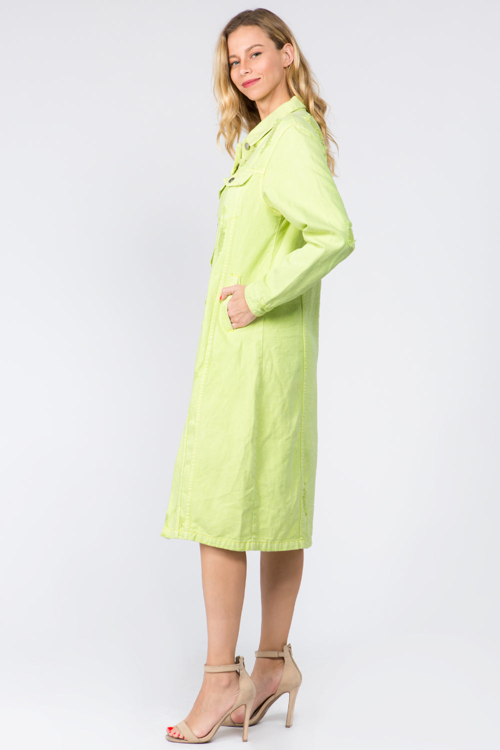 American Bazi Button Up Distressed Denim Dress - FabFemina