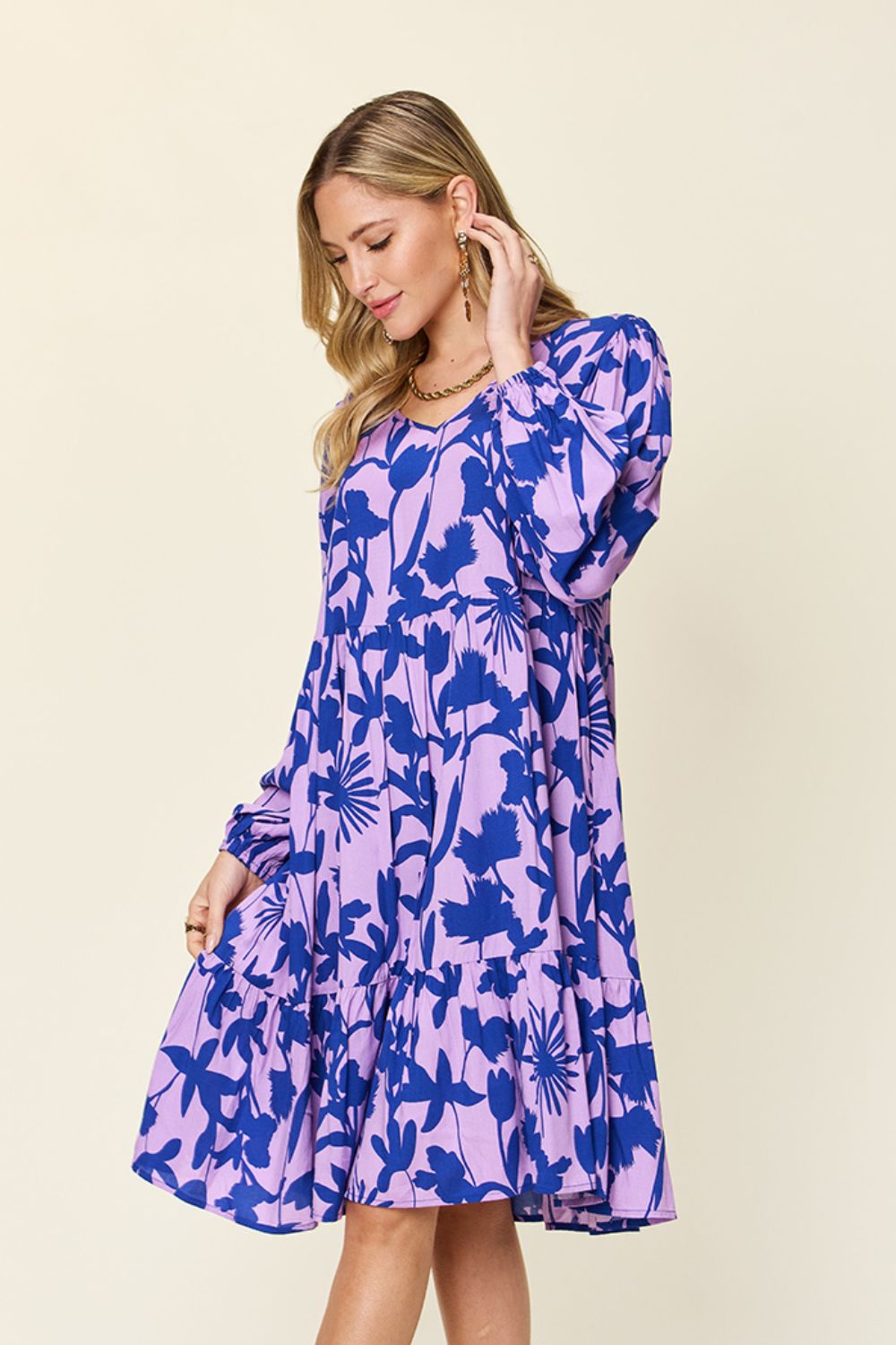 Double Take Full Size Printed Ruffle Hem Dress with Pocket - FabFemina