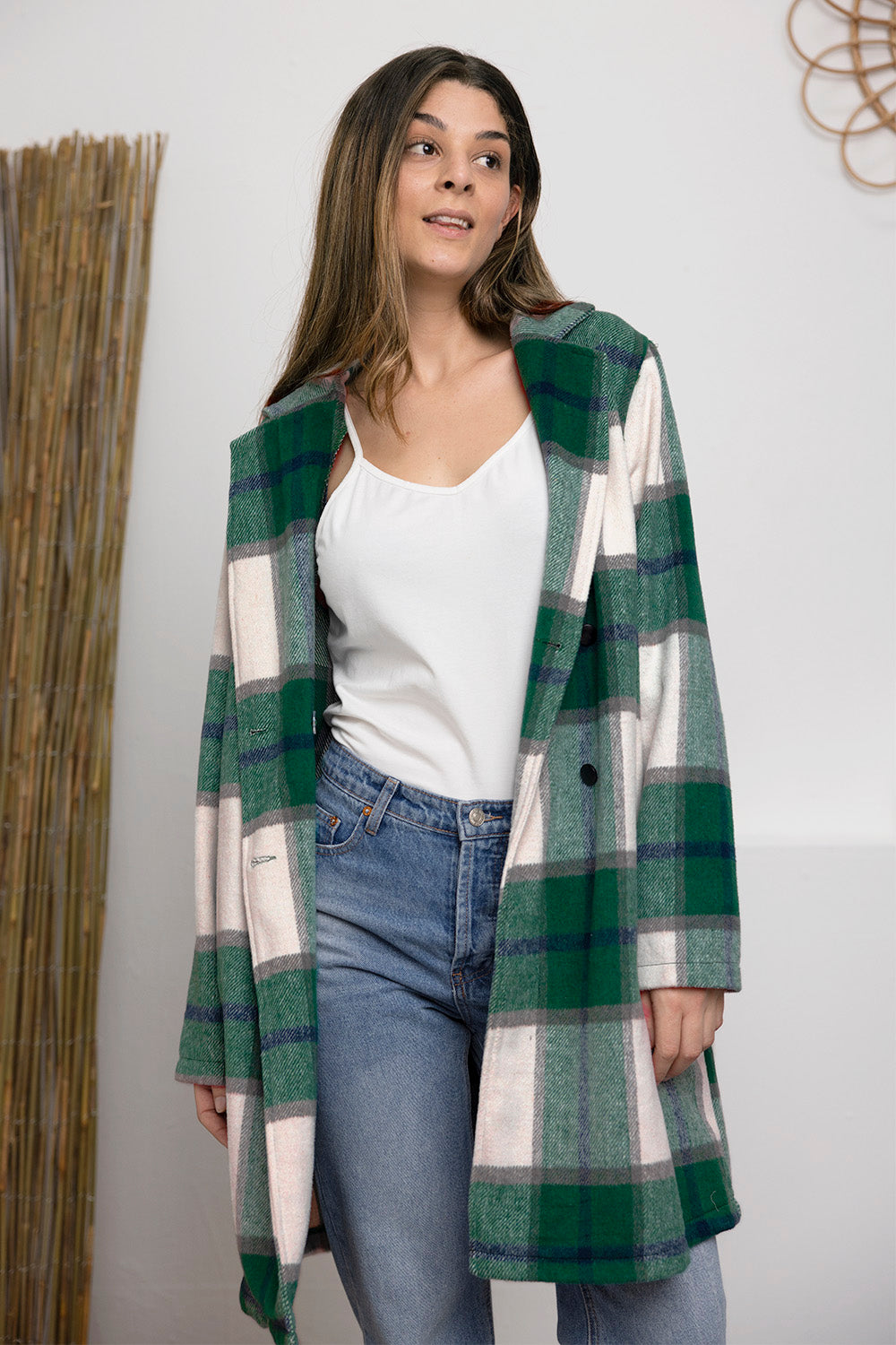 Double Take Full Size Plaid Button Up Lapel Collar Coat - FabFemina