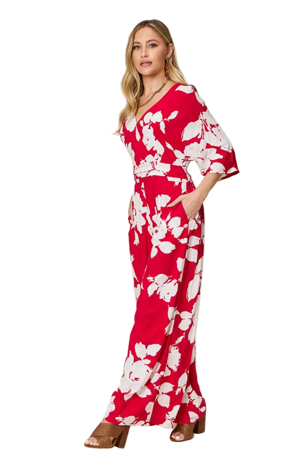 Double Take Full Size Printed Tie Back Wide Leg Jumpsuit