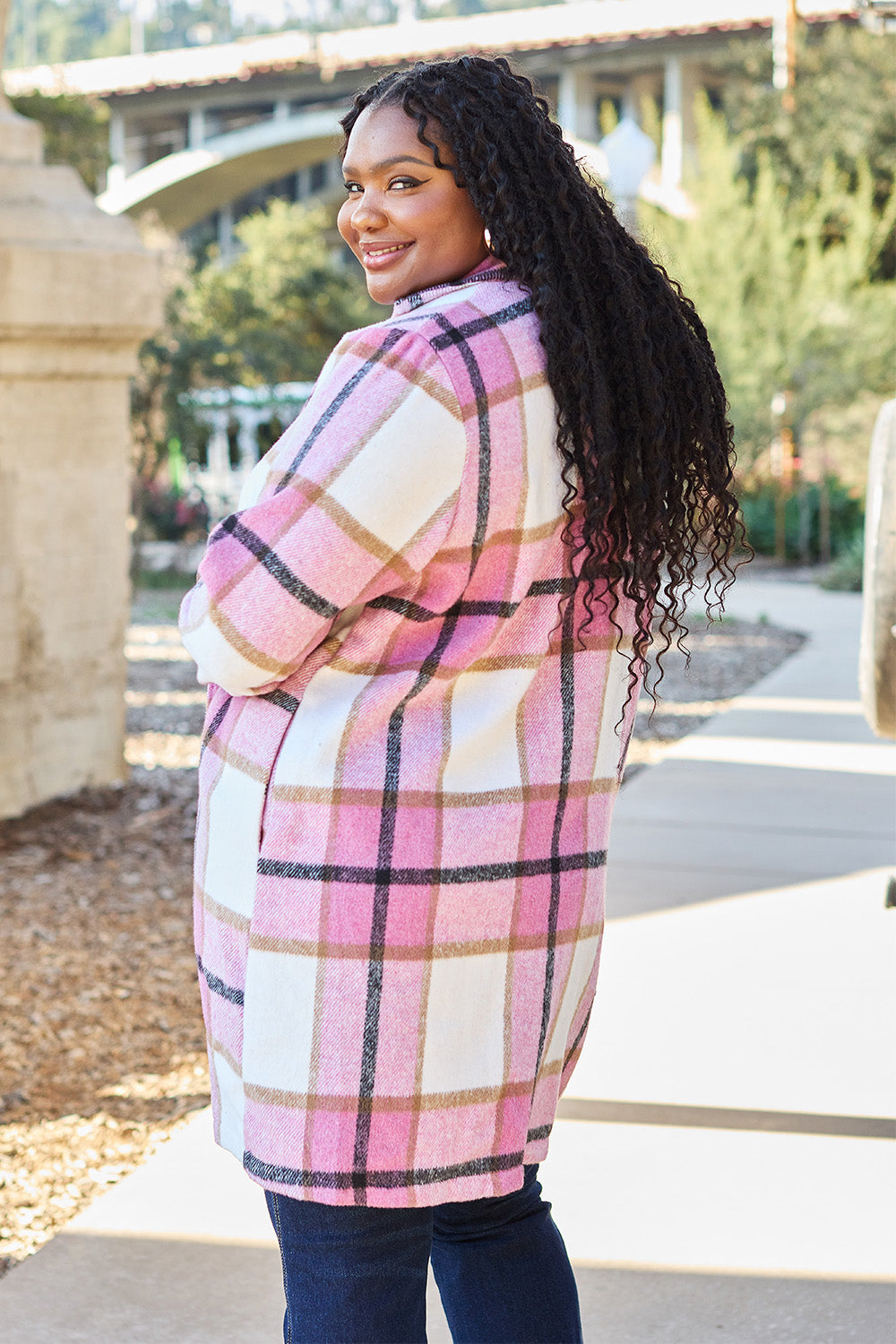Double Take Full Size Plaid Button Up Lapel Collar Coat - FabFemina