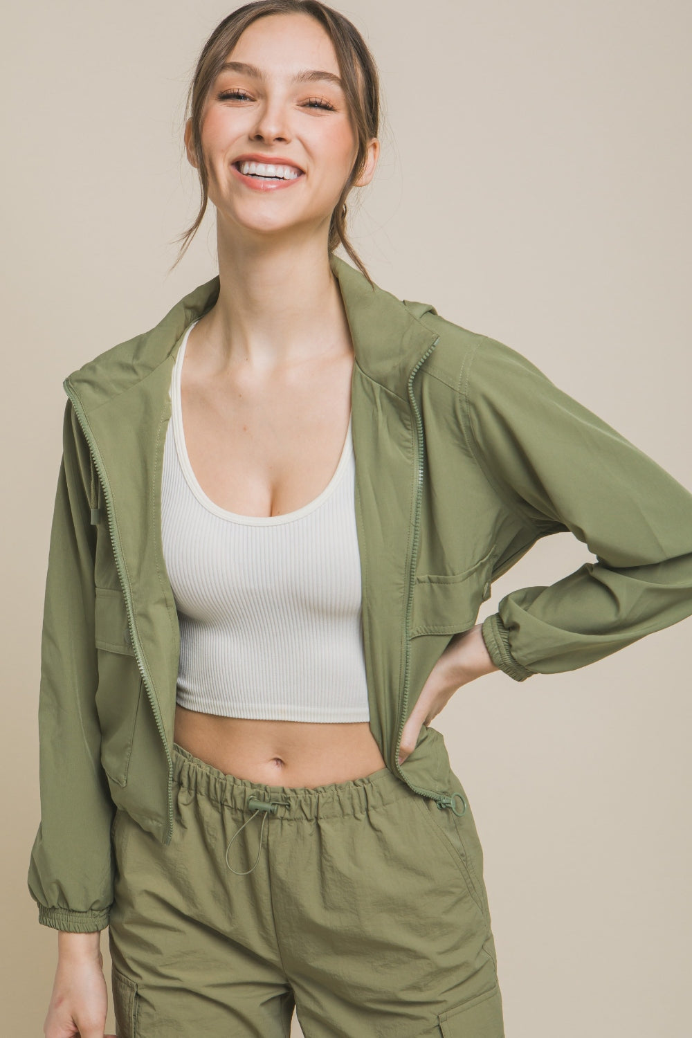Love Tree Drawstring Hem Hooded Zip-Up Jacket - FabFemina