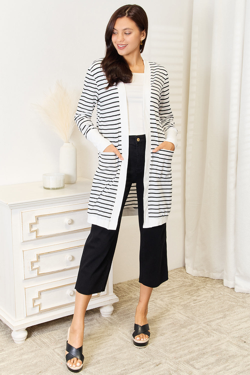 Double Take Striped Open Front Longline Cardigan - FabFemina