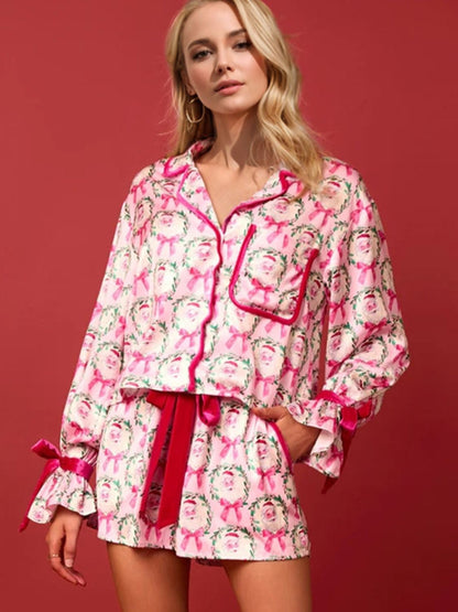 Tied Printed Collared Neck Long Sleeve Top and Shorts Set Christmas