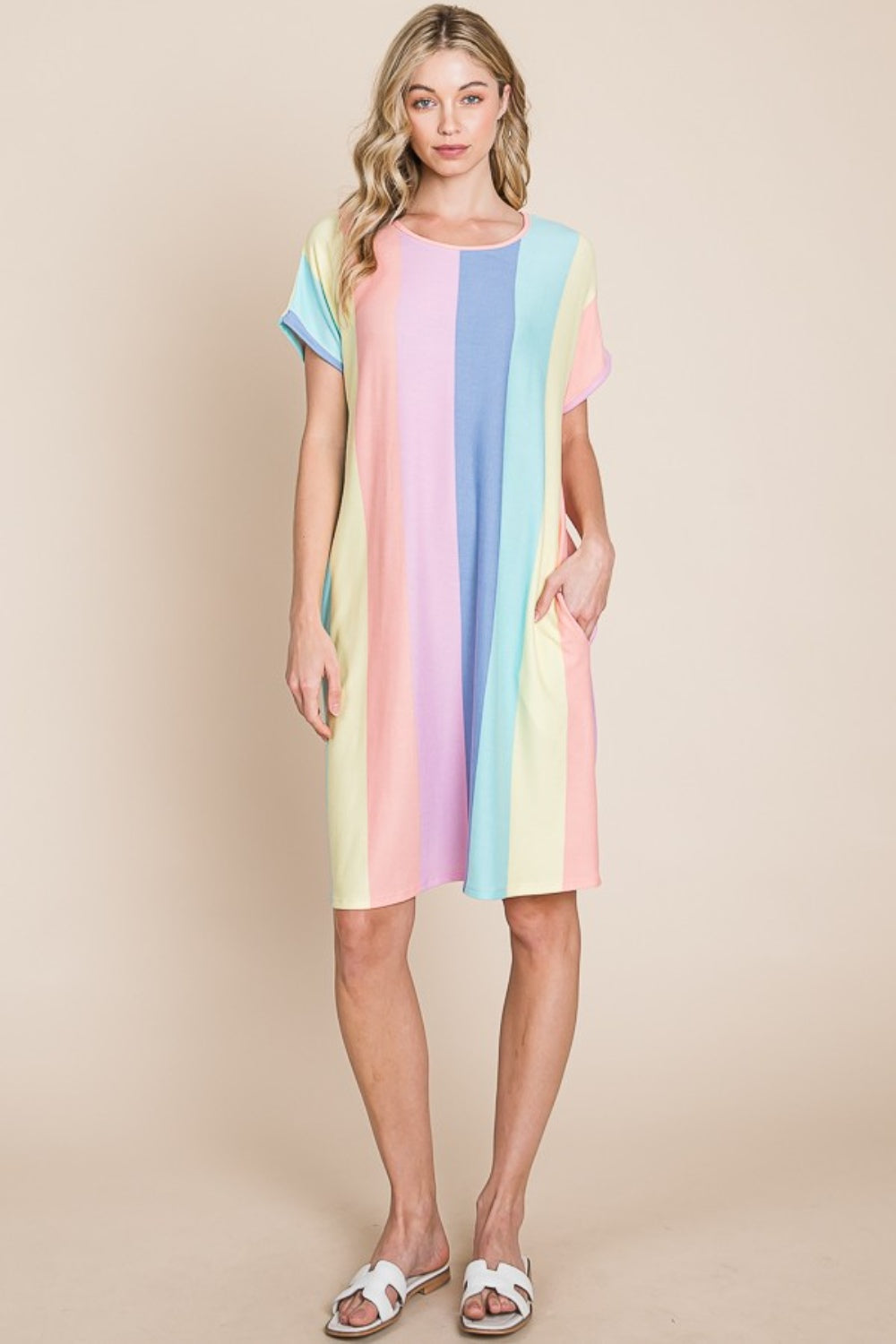 BOMBOM Striped Short Sleeve Dress with Pockets - FabFemina