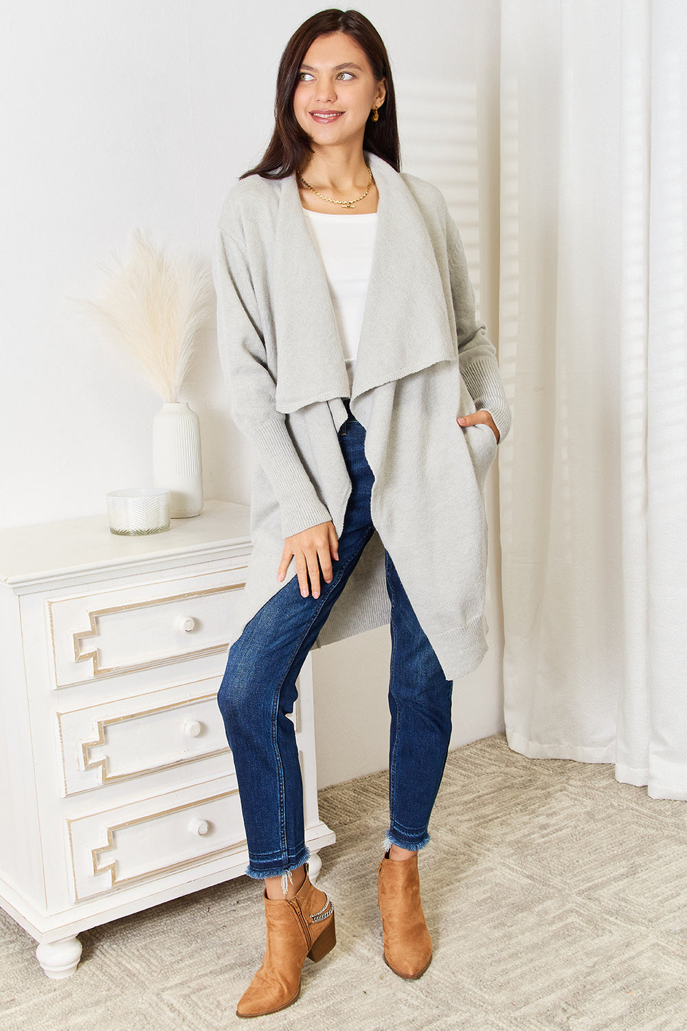 Angel Wings Open Front Duster Cardigan with Pockets - FabFemina