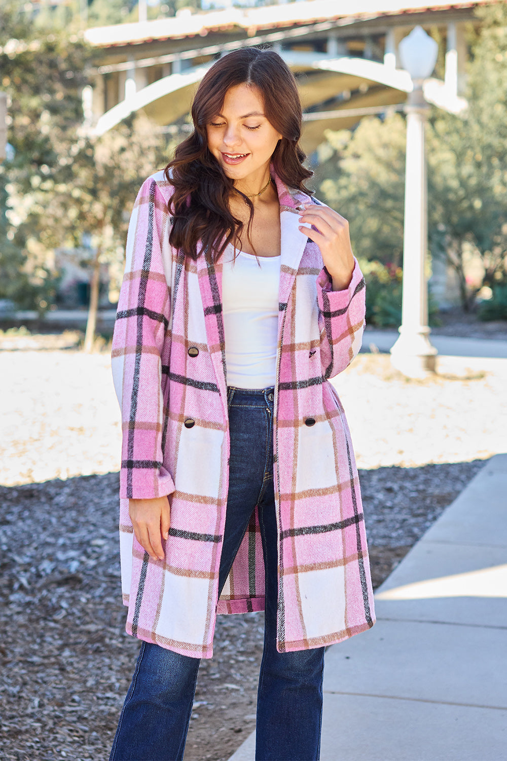 Double Take Full Size Plaid Button Up Lapel Collar Coat - FabFemina