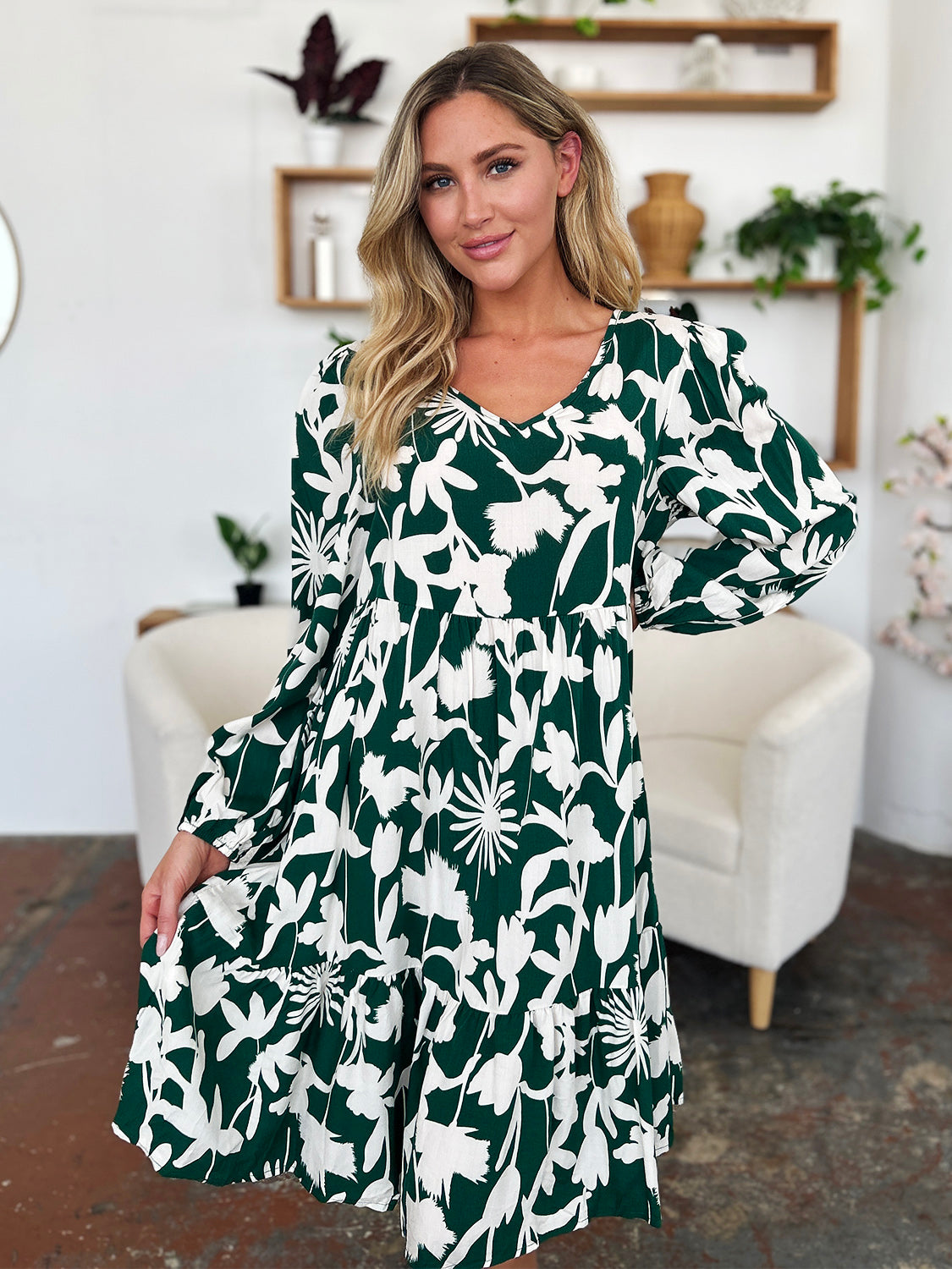 Double Take Full Size Printed Ruffle Hem Dress with Pocket - FabFemina