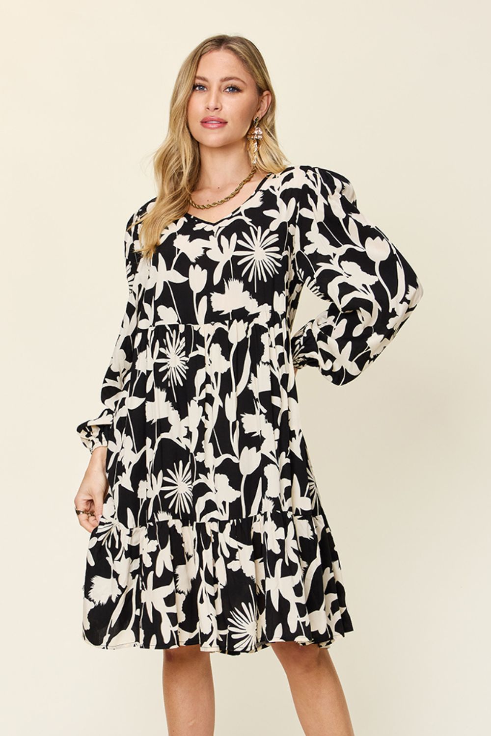 Double Take Full Size Printed Ruffle Hem Dress with Pocket - FabFemina