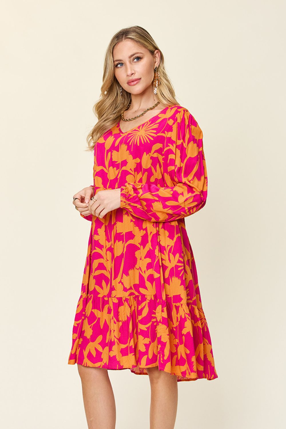 Double Take Full Size Printed Ruffle Hem Dress with Pocket - FabFemina