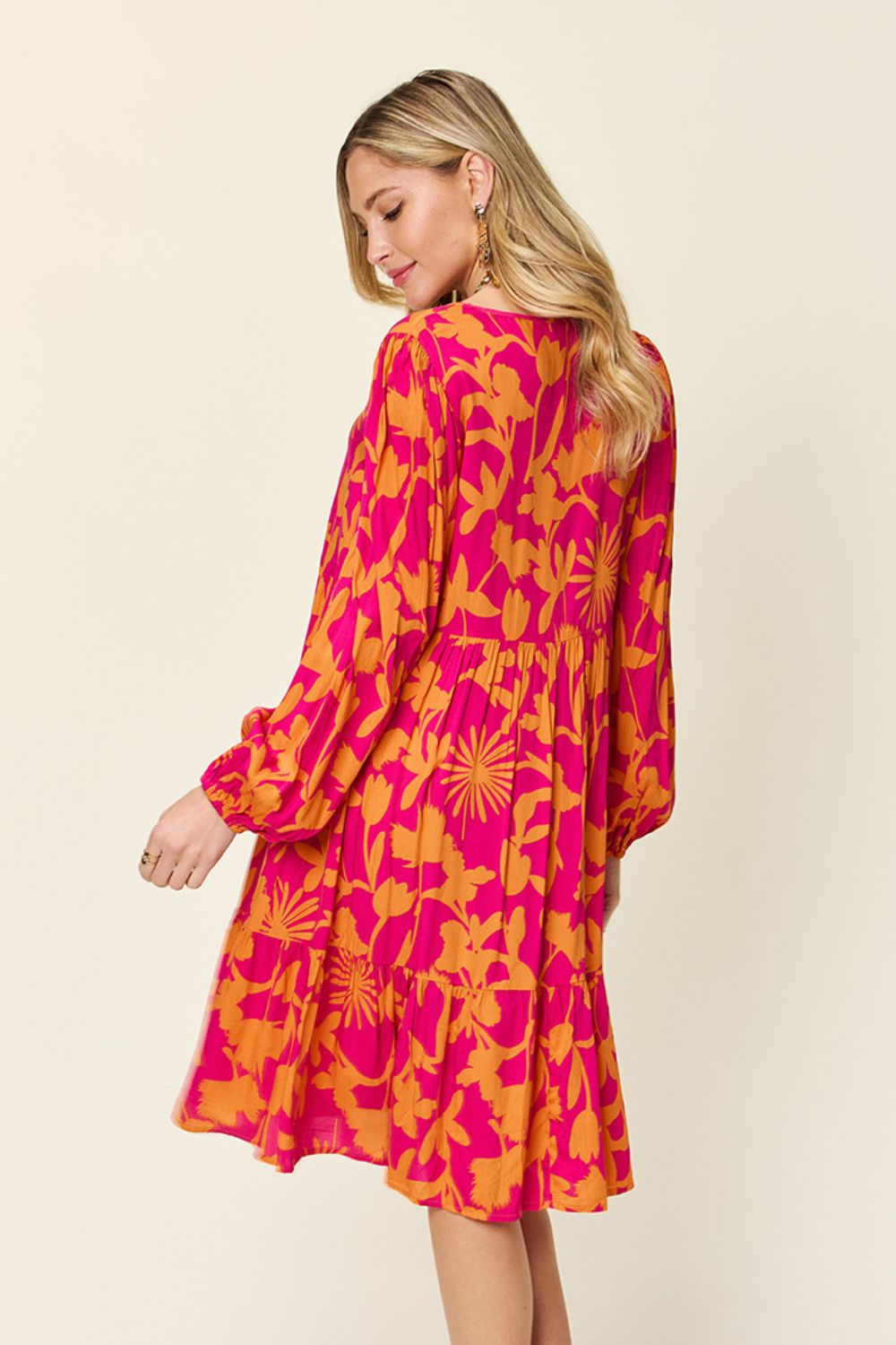 Double Take Full Size Printed Ruffle Hem Dress with Pocket - FabFemina
