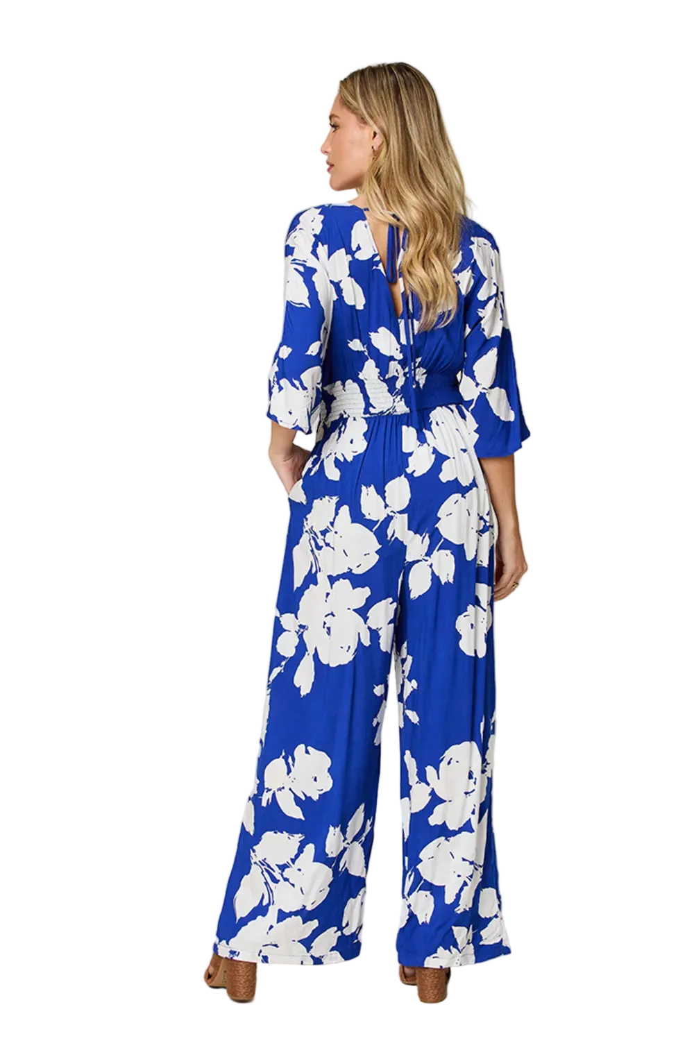 Double Take Full Size Printed Tie Back Wide Leg Jumpsuit