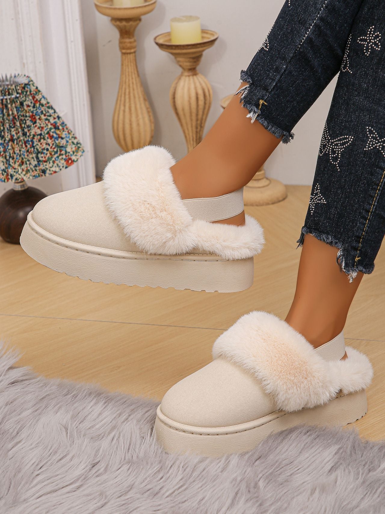 Faux Fur Round Toe Platform Slippers