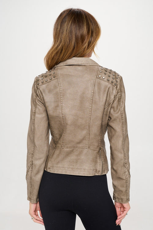 Coalition LA Studded Classic Moto Faux Leather Jacket - FabFemina