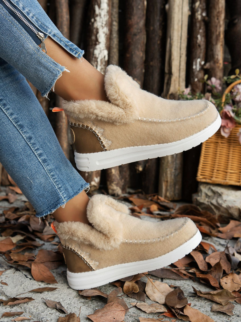 Furry Suede Round Toe Flat Sneakers - FabFemina