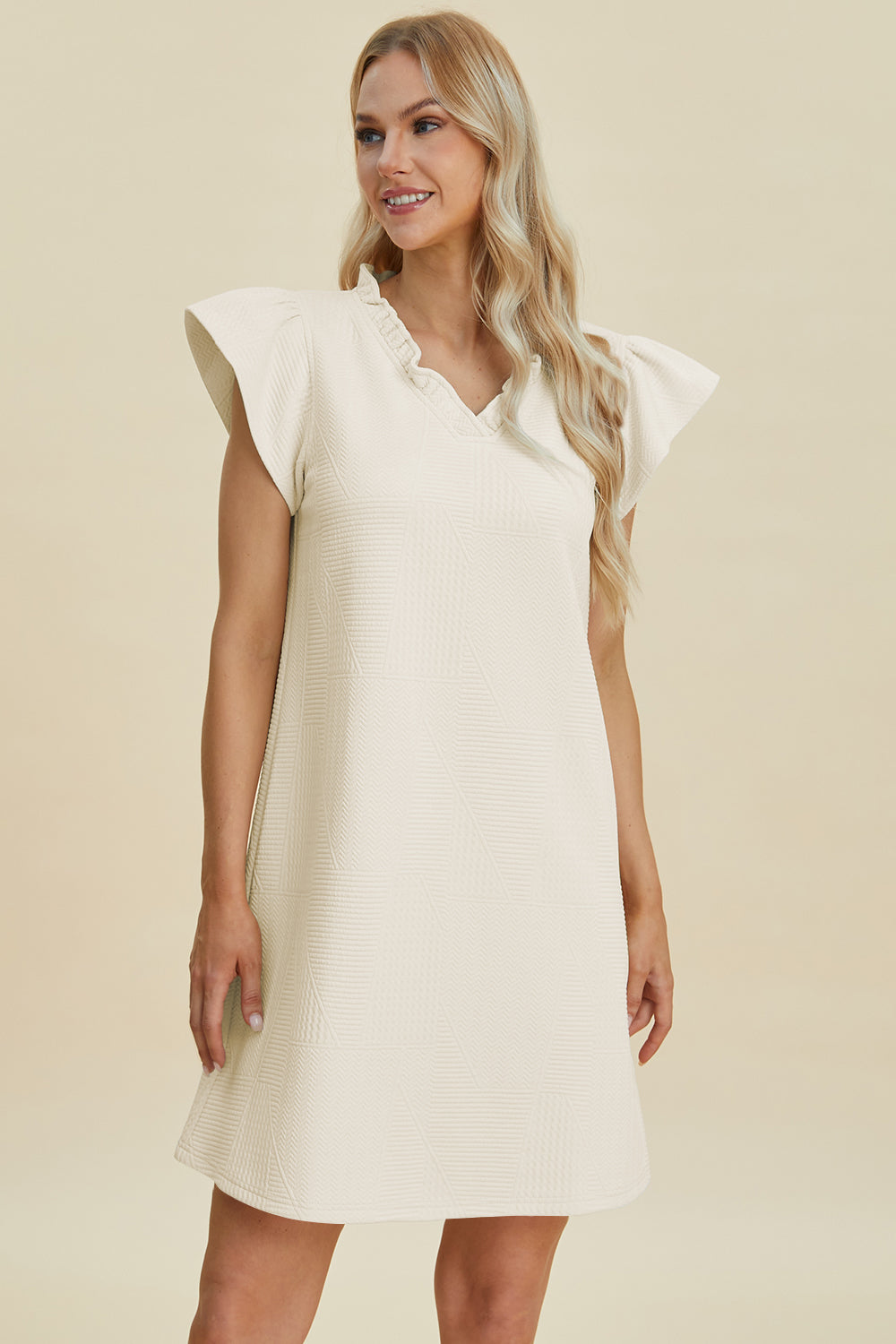 Double Take Full Size Ruffled V-Neck Cap Sleeve Dress - FabFemina