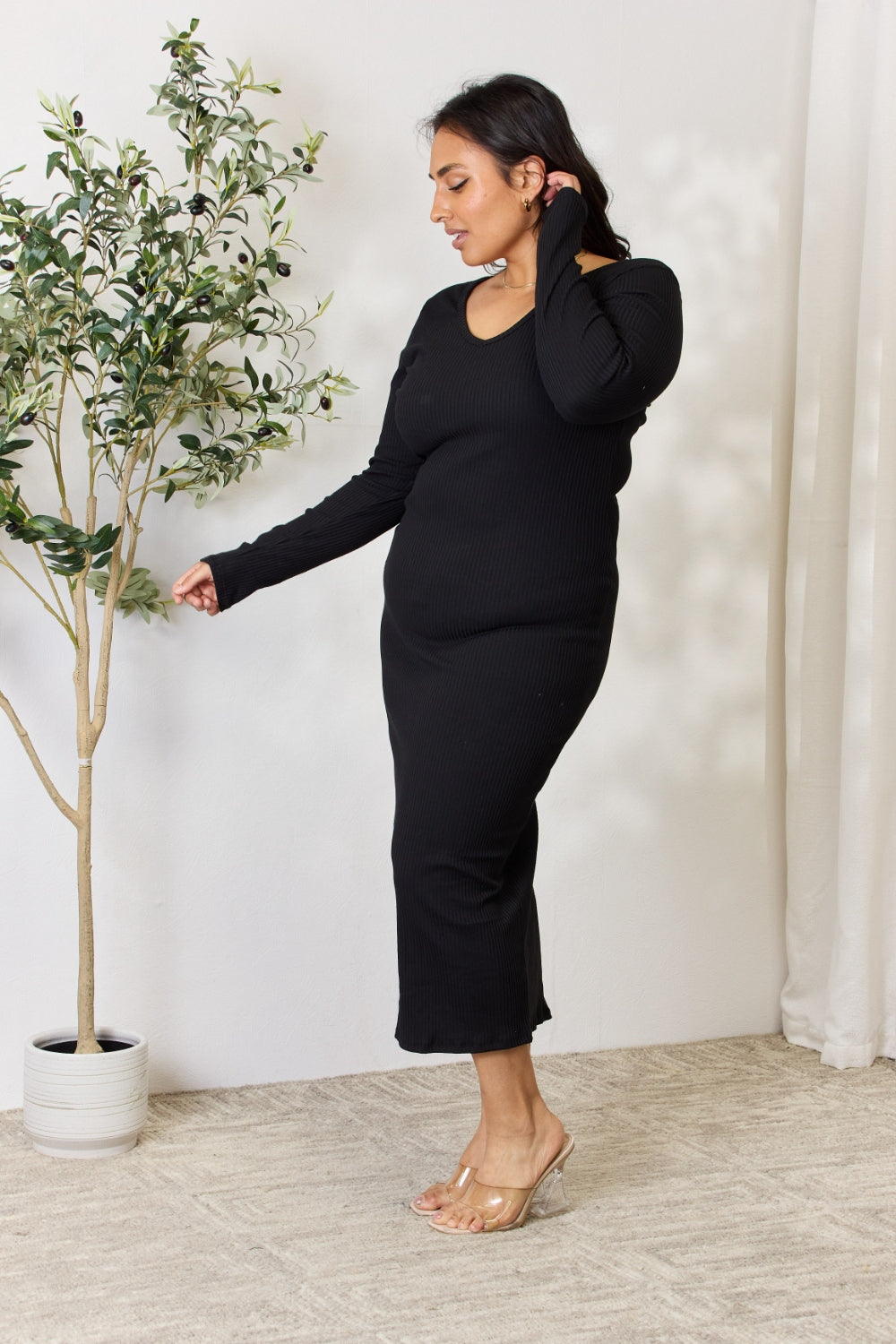 Culture Code Full Size Ribbed Long Sleeve Midi Slit Dress - FabFemina