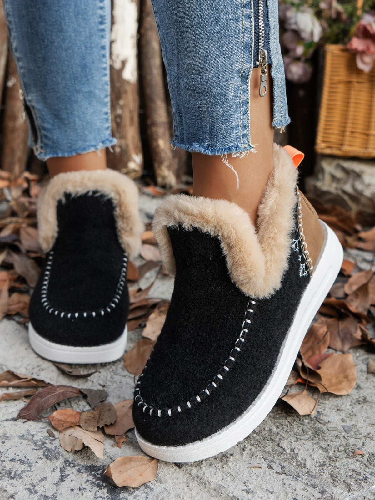 Furry Suede Round Toe Flat Sneakers - FabFemina